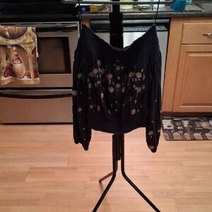 Free People Navy Floral Blouse On Shoulders